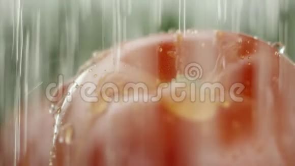 在视频中我们看到了一个西红柿和绿色植物水开始从顶部像淋浴一样倾泻然后像水滴一样白色的视频的预览图