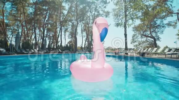 泳池中孤独橡胶圈粉红色火烈鸟的广角镜头拍摄视频的预览图