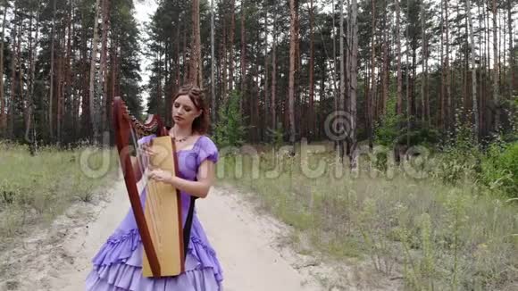女竖琴手立在林道弹竖琴视频的预览图