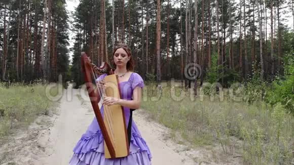 女竖琴手立在林道弹竖琴视频的预览图
