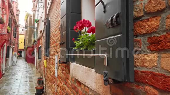 意大利威尼斯2019年5月意大利传统街道雨后有复古的房子窗户上有百叶窗鲜花视频的预览图