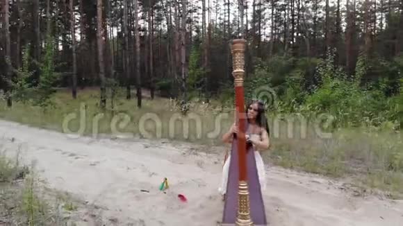 女竖琴演奏家在森林沙路吹竖琴视频的预览图