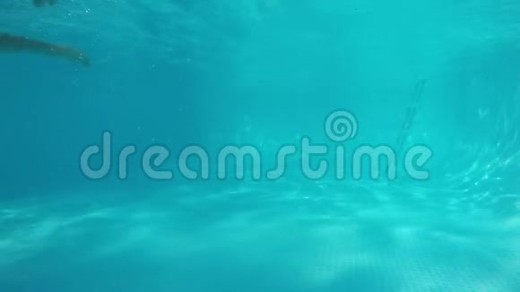 穿比基尼的白人女孩在蓝色游泳池镜头前的水下游泳从水下观看视频的预览图