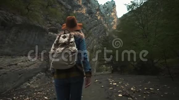 在山里徒步旅行一位年轻的旅行妇女背着背包行走的后景视频的预览图