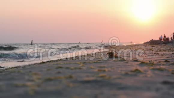 人们在夕阳的照耀下沿着海滨散步视频的预览图