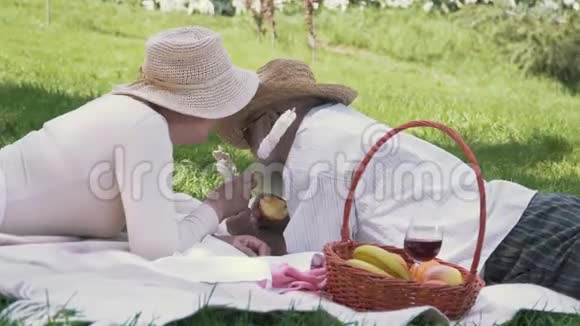 恋爱中的情侣在公园的毯子上放松视频的预览图