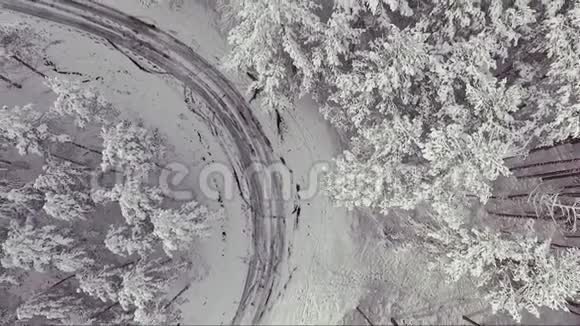 冬季雪林中的乡村道路从无人机上鸟瞰冬季风景视频的预览图