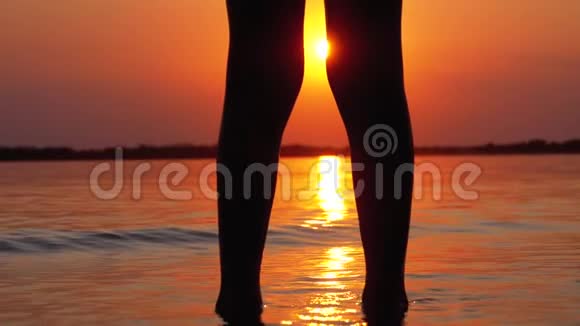 日落时站在岸边水中的男孩腿剪影慢动作视频的预览图