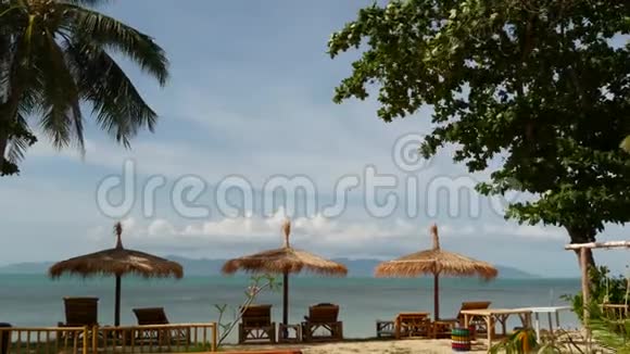 海面上的日落泰国海洋和天空背景上稻草和棕榈树的太阳伞放松放松视频的预览图