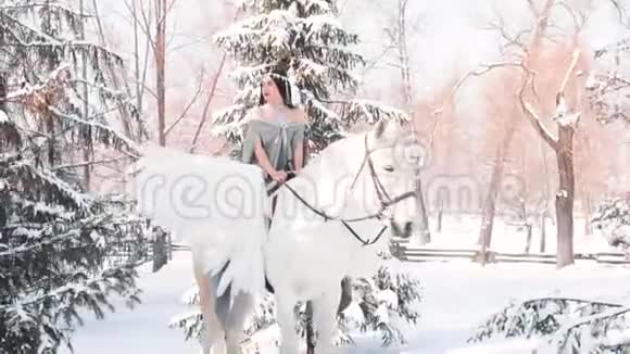 美丽的黑发灰色的衣服和昂贵的珠宝公主在冬天的森林里散步视频的预览图