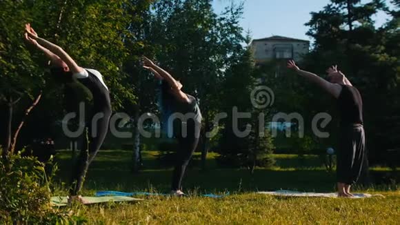 两位年轻女性在阳光明媚的日子和教练一起在公园里健身做脊柱练习视频的预览图