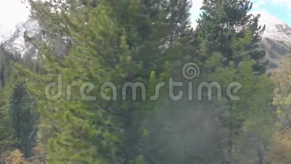 一个流畅的无人机电影拍摄雪山山鸟瞰一个雪山峰在树或松树后面飞翔视频的预览图