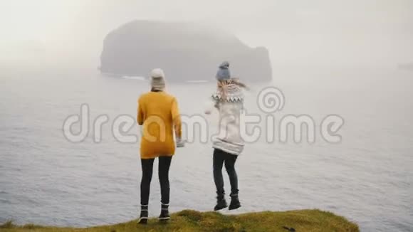 两个快乐的旅行女人在海边跳着疯狂的舞蹈快乐的女性在大自然中享受乐趣视频的预览图