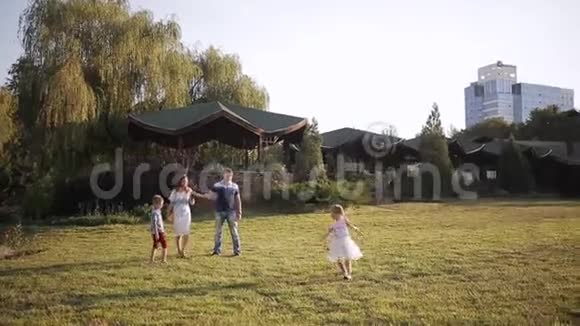 日落时分幸福的四口之家在公园的绿色草坪上散步视频的预览图