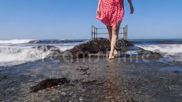 年轻的美女赤脚走在海上码头上海浪拍打着码头腿靠近视野慢动作视频的预览图