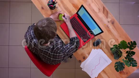 一位年轻的白种人商人在桌上的笔记本电脑上打字写一封关于会议的提醒信视频的预览图