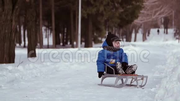高清婴儿坐在雪橇上视频的预览图