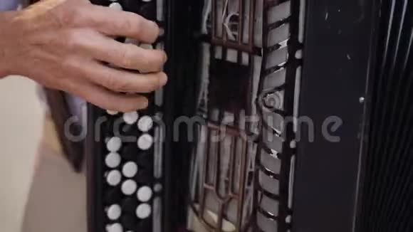 在一个周年庆典上一位老人演奏黑色手风琴的手被特写视频的预览图