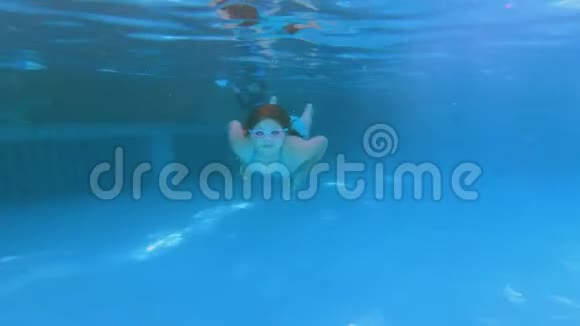 漂亮的女孩在蓝色的游泳池里游泳视频的预览图