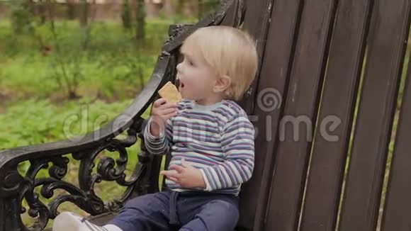 小男孩在公园的长凳上吃饼干视频的预览图