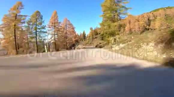 在一个美妙的秋日山路行驶五颜六色的树木和蓝天视频的预览图