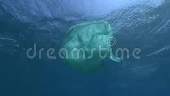 慢的动作一个废弃的老绿色塑料袋慢慢地飘在蓝水的表面下水下塑料污染视频的预览图