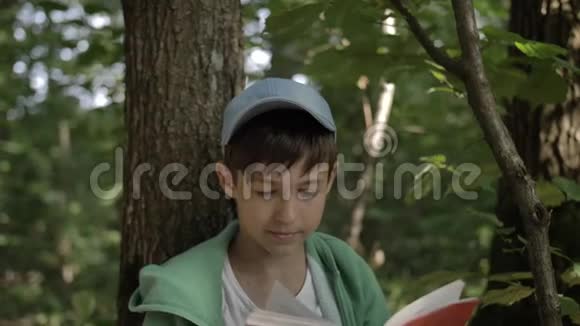 男孩坐在树下在户外看书视频的预览图