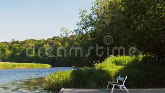夏季在湖泊或河流的木墩上坐凳视频的预览图