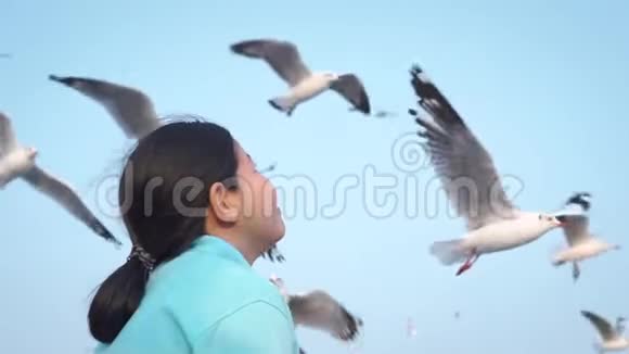 快乐的亚洲小姐海鸥飞来飞去使自己精神振奋慢动作视频的预览图