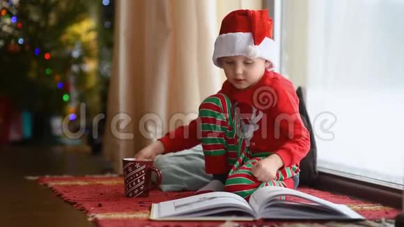 小男孩在装饰舒适的客厅里看书喝热可可圣诞快乐的孩子视频的预览图