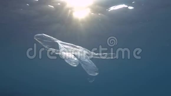 塑料污染丢弃的塑料手套在夕阳的光线下慢慢地漂浮在蓝色的水面下视频的预览图
