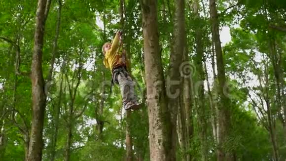 一个穿着安全装备的小男孩在森林探险公园的树梢上爬上了高空滑索室外视频的预览图