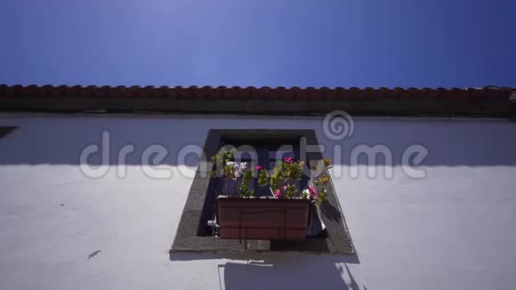 一间西班牙老房子的墙上挂着鲜花的窗户欧洲建筑外观视频的预览图