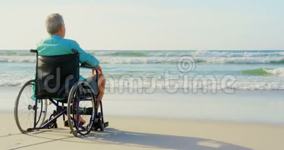 残疾老人后景望海滩4k视频的预览图