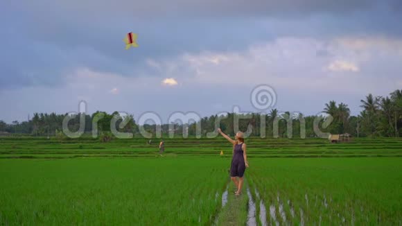 一个带着风筝的年轻女子慢镜头穿过一个美丽的大稻田视频的预览图