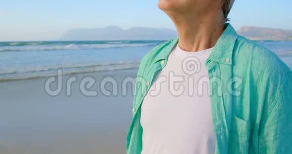 侧面观察活跃的高加索人站在海滩上闭眼4k视频的预览图