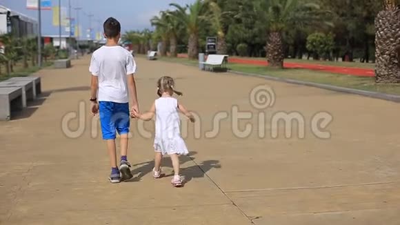 姐姐牵着哥哥的手孩子们在阳光明媚的一天走在海边快乐的童年视频的预览图