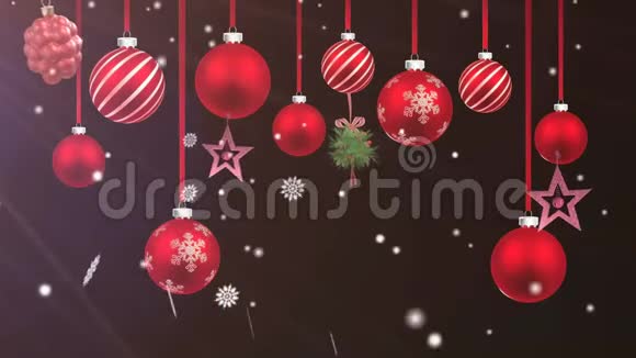 动画红色圣诞球与白色雪花在黑色背景视频的预览图
