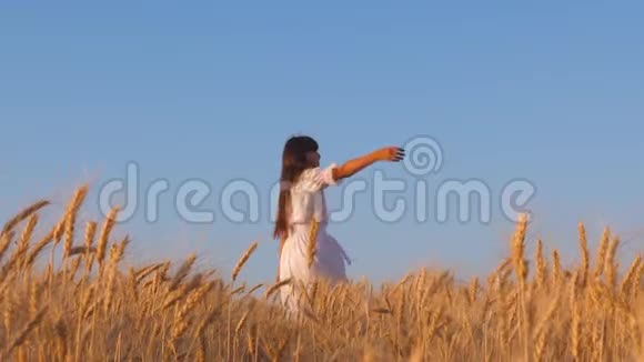 快乐的少女在成熟的麦田里跳舞慢动作田间成熟小麦作物农业企业视频的预览图