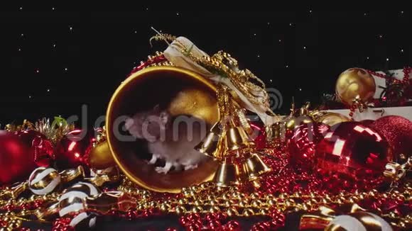 镜头密切显示老鼠在金罐中移动的新年装饰视频的预览图