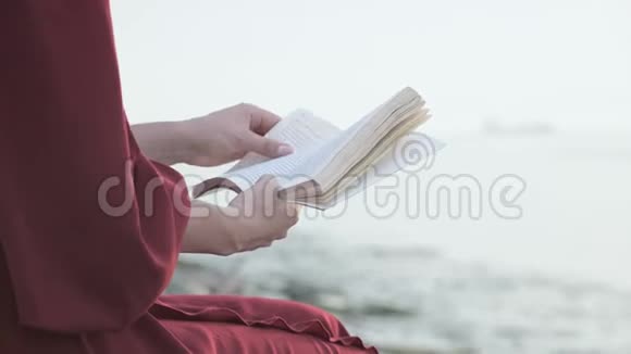 穿着红色衣服的女孩后面的景色在海边看书双手特写视频的预览图