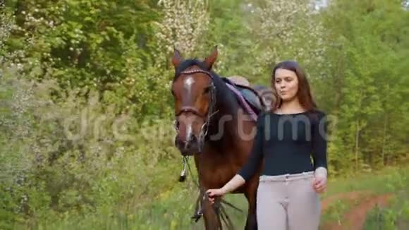 带着马的女孩的肖像快乐的女孩带着一匹马走在森林里的小路上视频的预览图