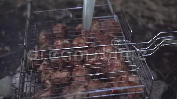 网格烧烤中的开胃肉在煤上煮熟视频的预览图