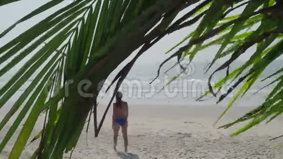海滩上美丽的女孩在沙滩上视频的预览图