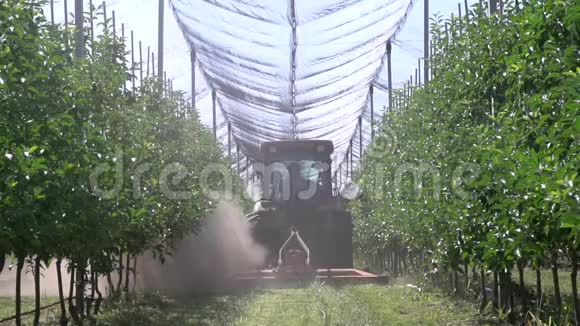 苹果园的割草机下面有很多灰尘视频的预览图