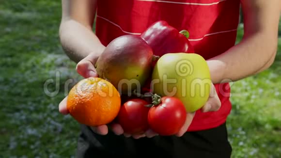男人手把成熟的蔬菜和水果伸向镜头健康生活方式的概念天然蔬菜视频的预览图