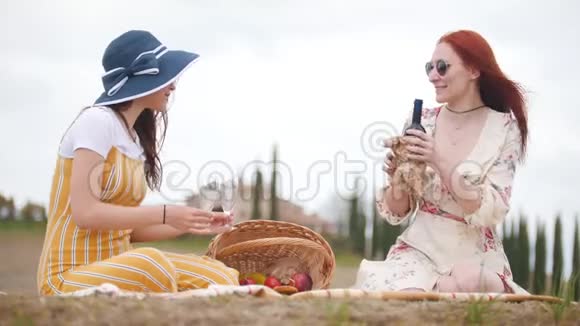 两个女人在野餐在酒杯里倒红酒托斯卡纳视频的预览图