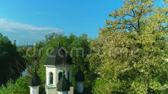 鸟瞰教堂之间的春天树木开花4K视频的预览图