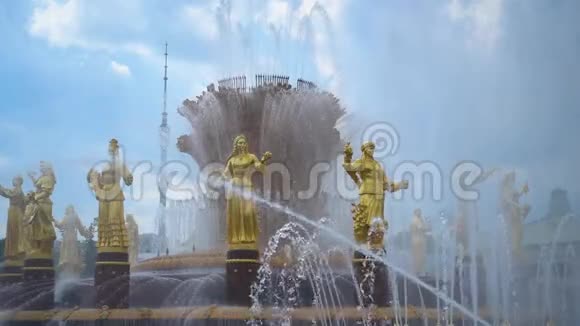 人们友谊的喷泉前景中喷射着缓慢的运动视频的预览图