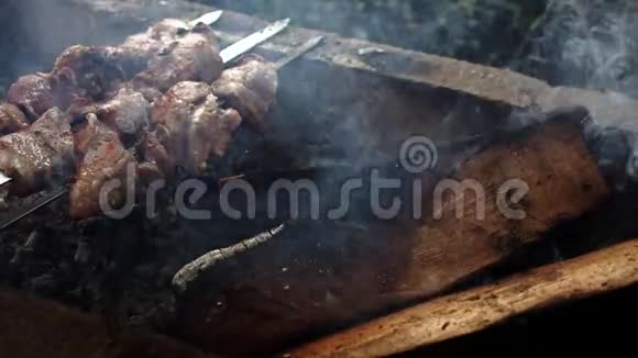 花园烤架上的烤串肉被刺上一口唾沫用木炭烤烧烤烧烤架视频的预览图